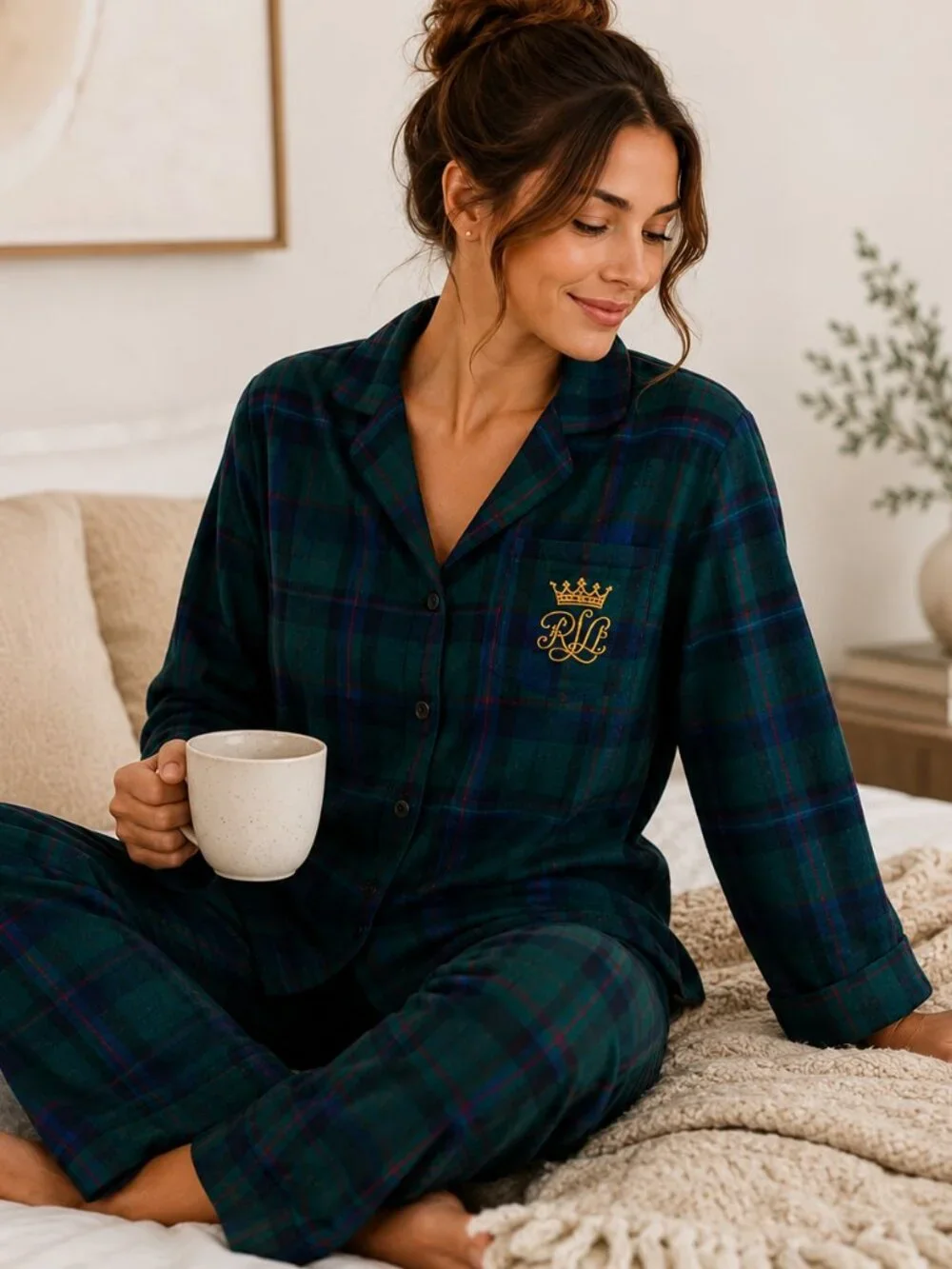 Lauren Ralph Lauren Green Plaid Flannel Pajama Set Embroidered Crest S Lounge